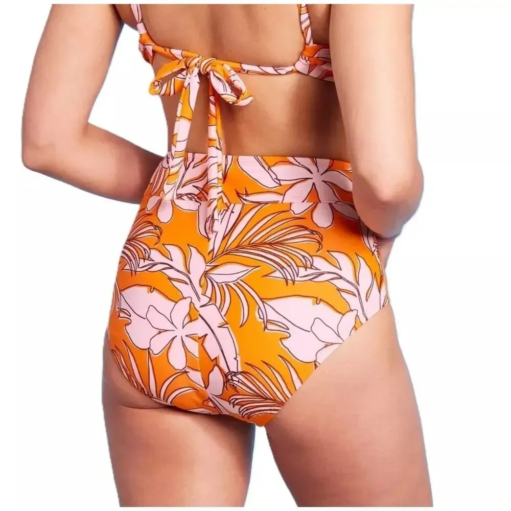 Kona Sol Tropical Bikini Bottom Size L High Waist Orange Pink Swim Bottom NWOT